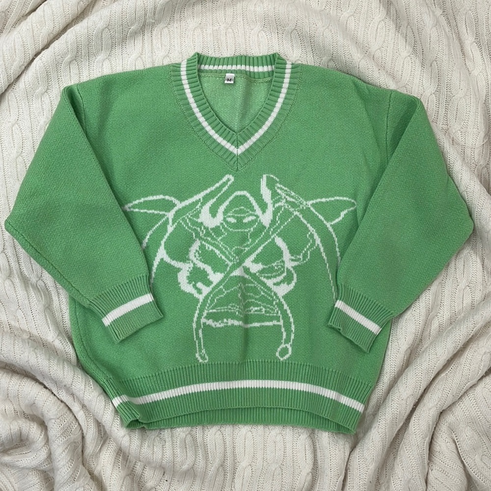 green v neck sweater with graphic